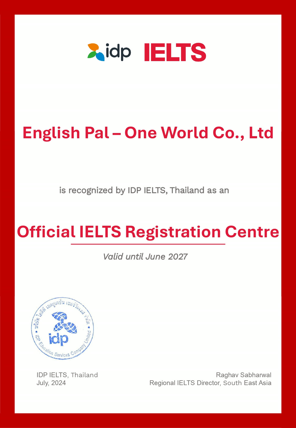 IDP IELTS Thailand · CC英语 官方注册中心授权书